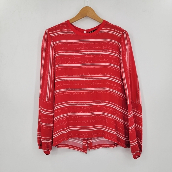 Maje Womens Medium Red White Stripe Split Back Star Snap Long Sleeve Blouse - Picture 16 of 16